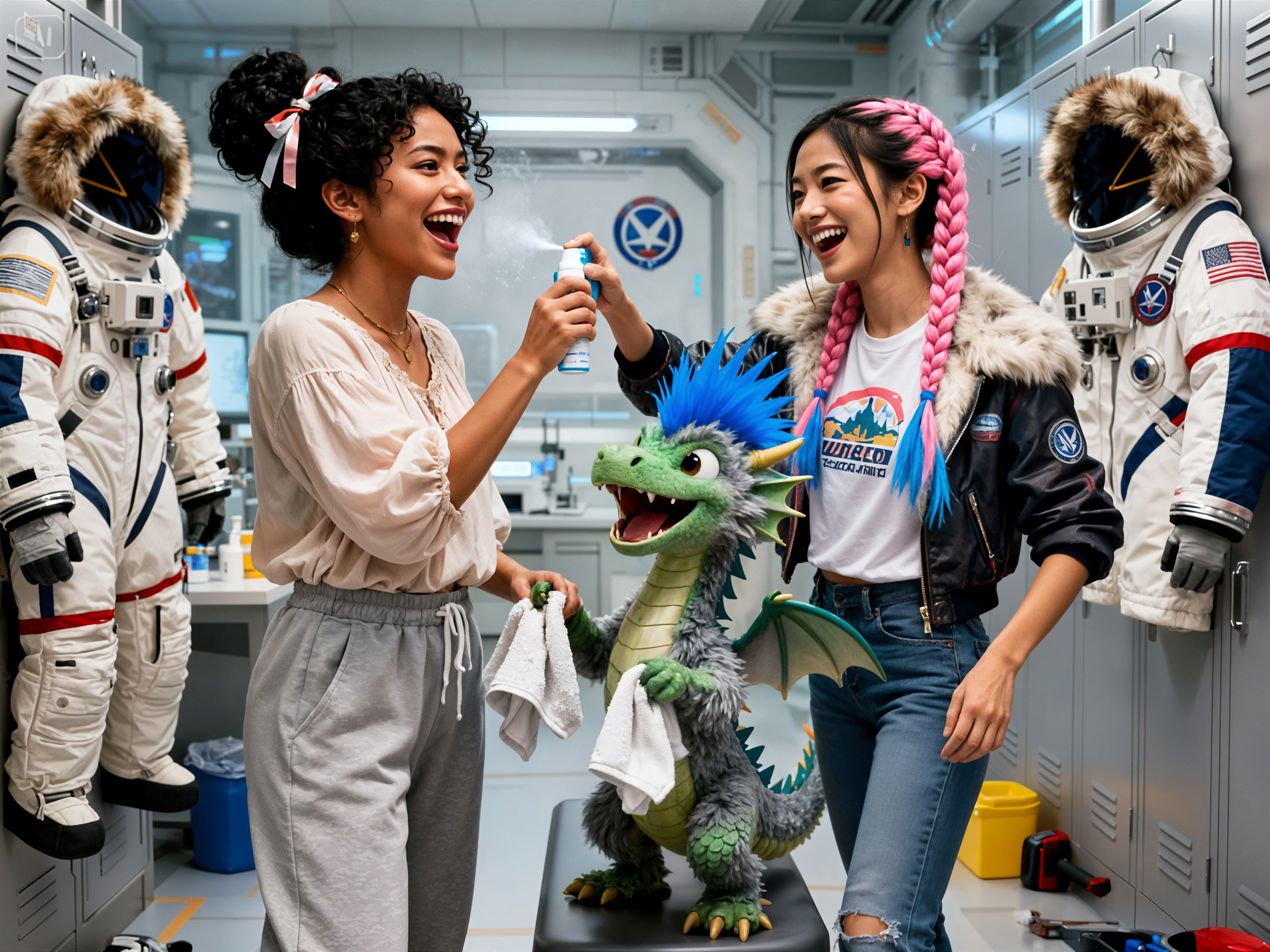 Futuristic Locker Room with Women in Astronaut Suits
