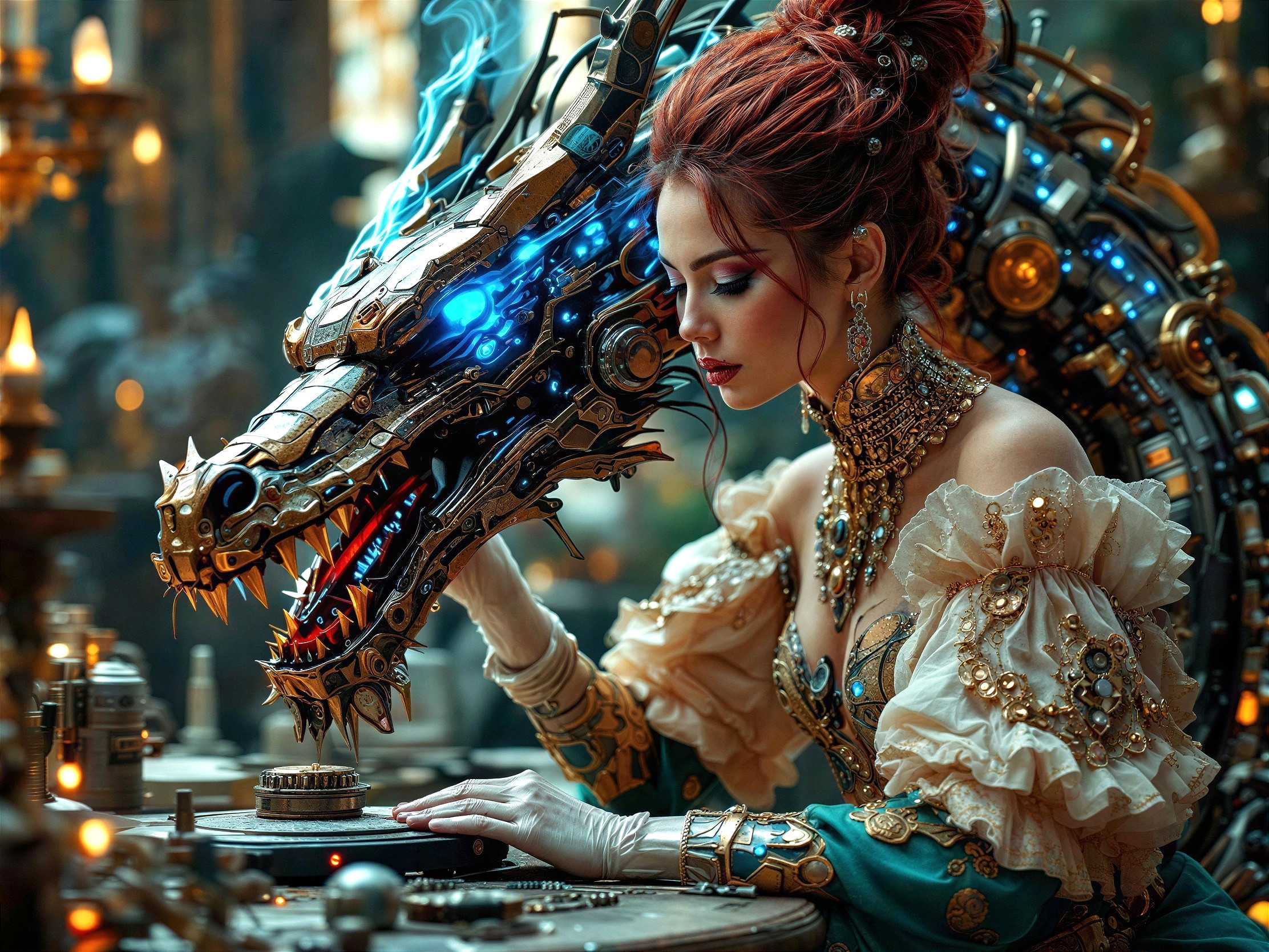 Steampunk Woman with Mechanical Dragon and Device