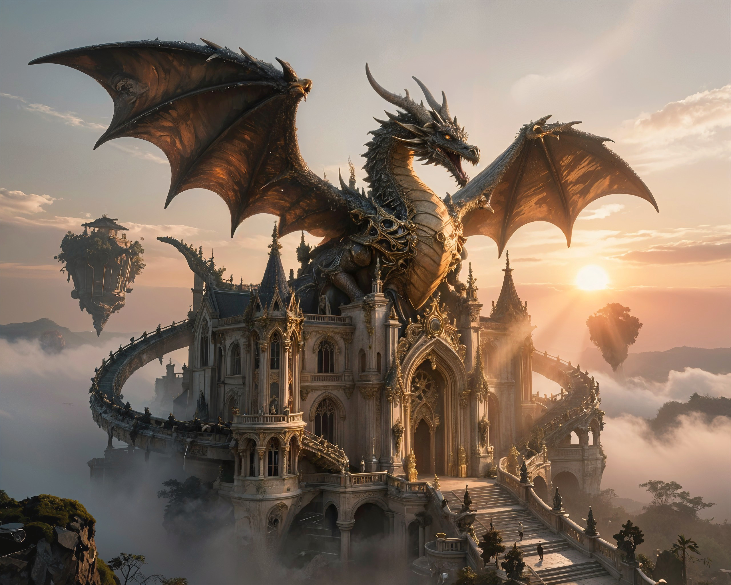 Ornate white castle with gold dragon and sunset backdrop