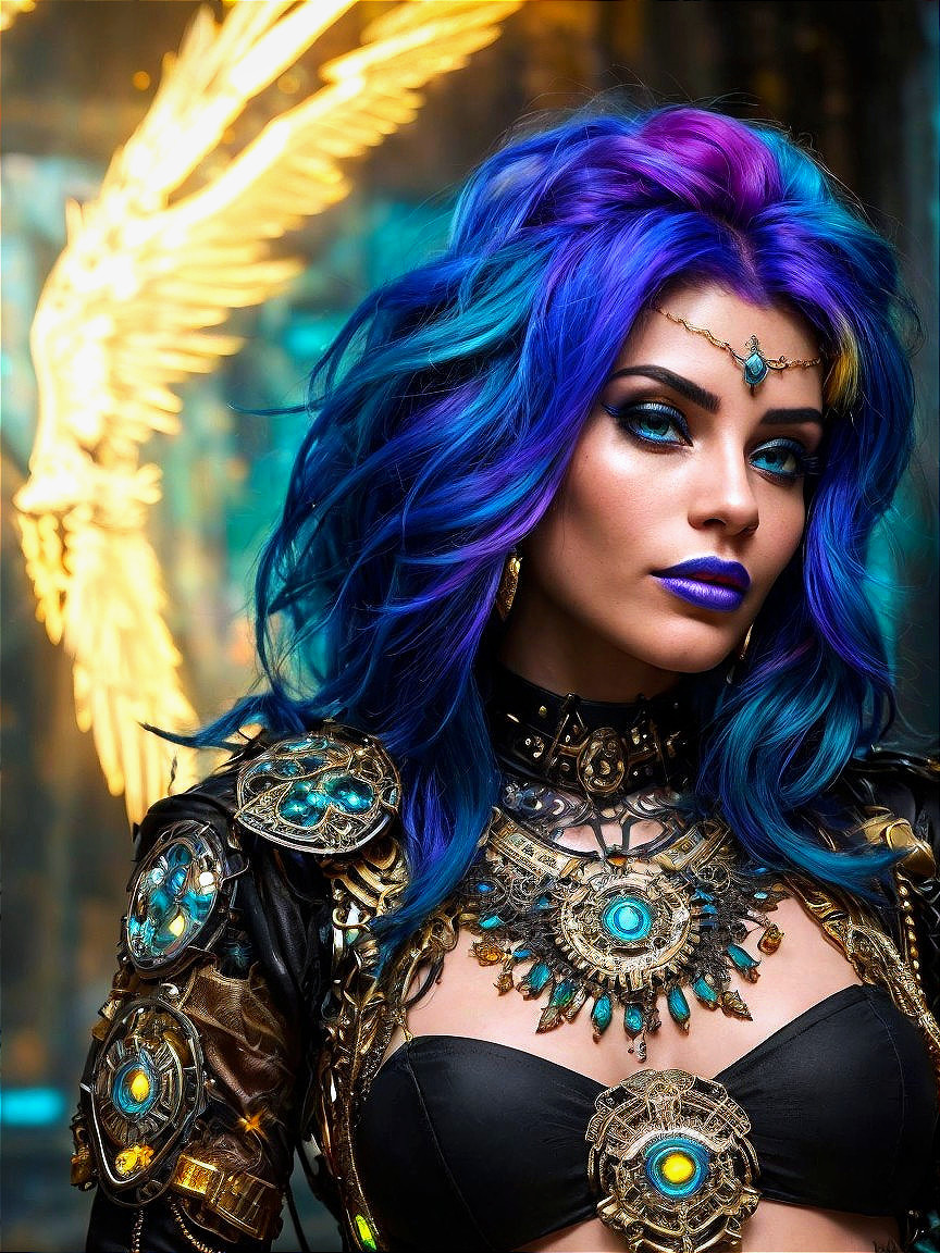 Portrait of a woman with vibrant purple and blue hair