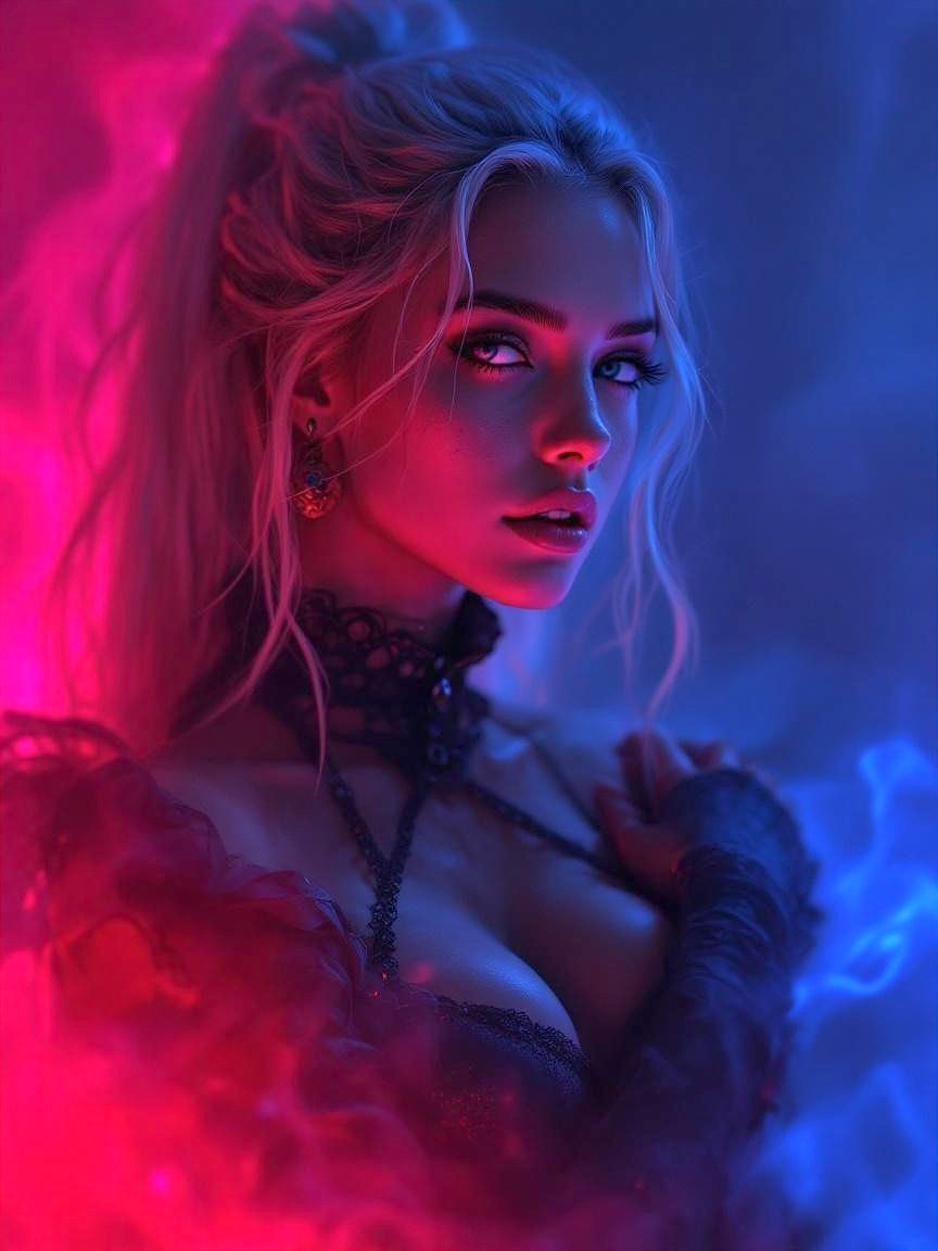 Portrait of a woman with striking features and moody lighting