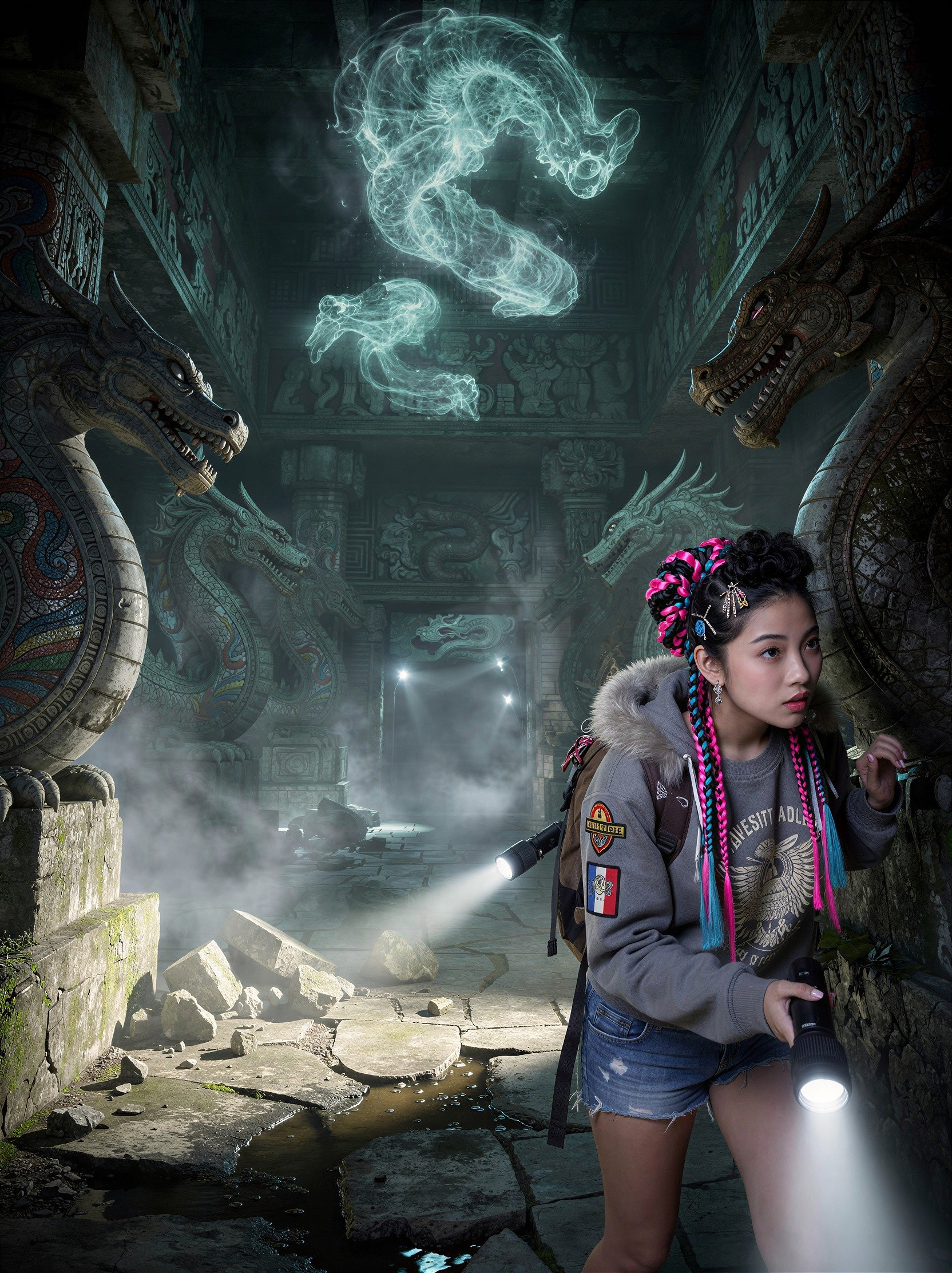 Asian woman exploring a foggy Aztec temple with flashlights