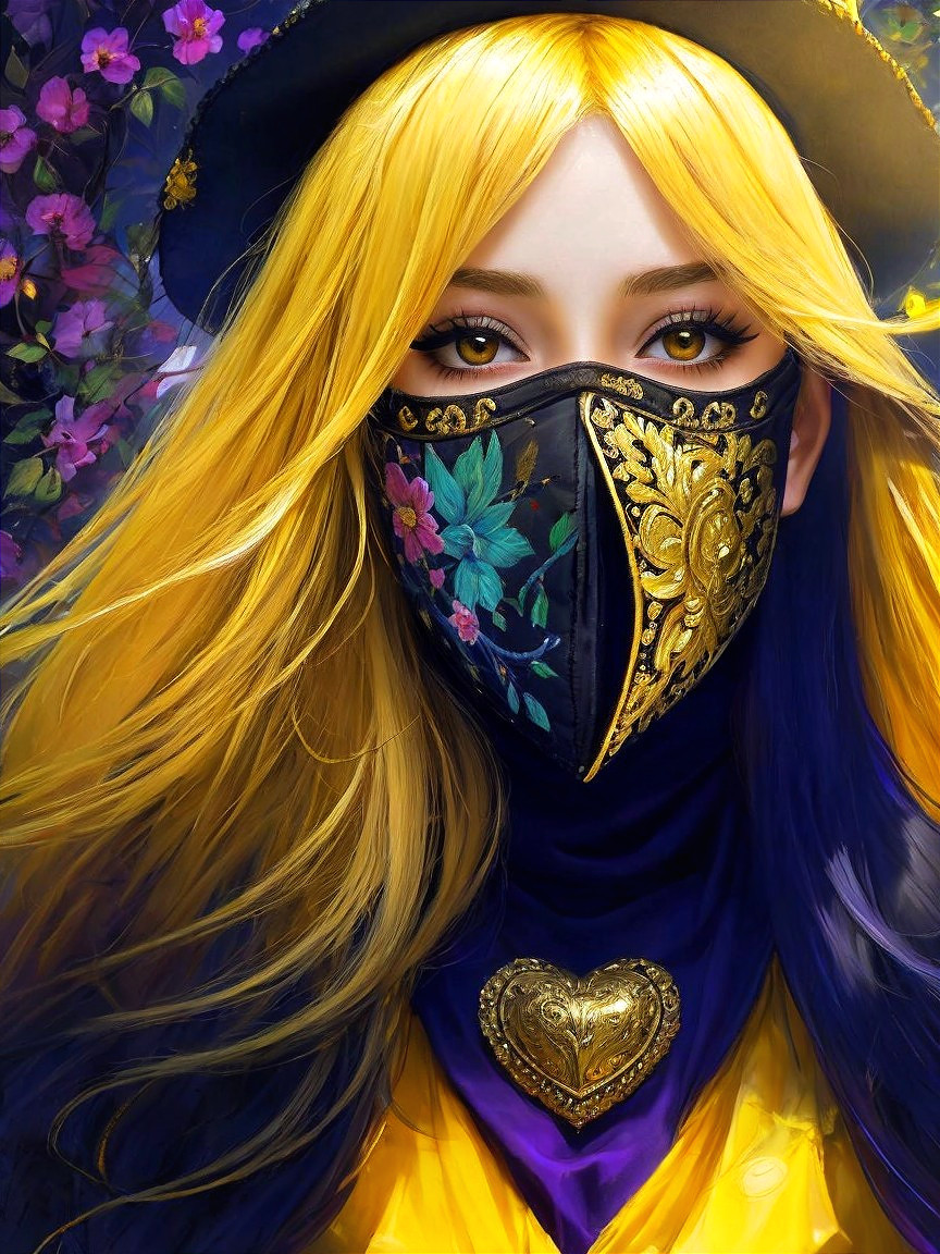 Portrait of a person with yellow hair and black mask