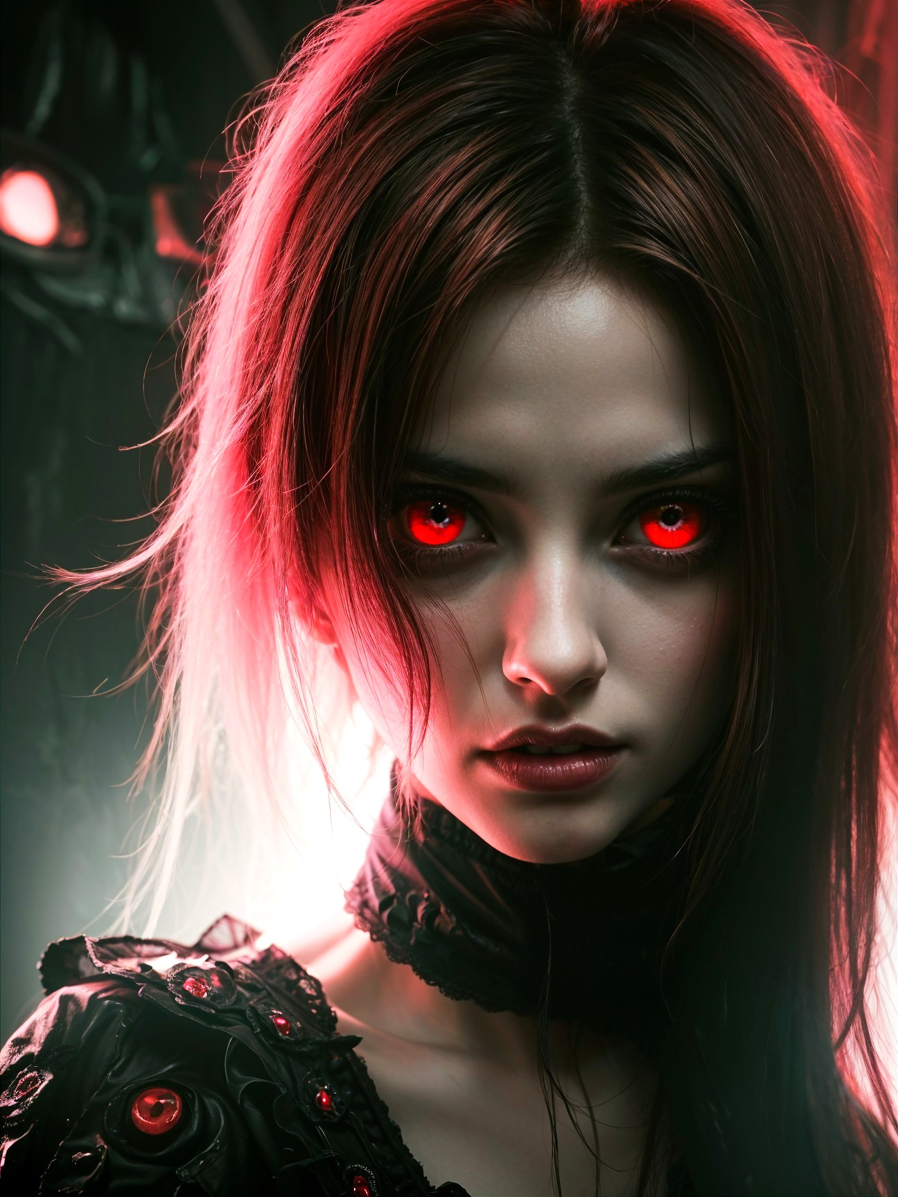 Portrait of a Young Woman with Dark Hair and Red Eyes