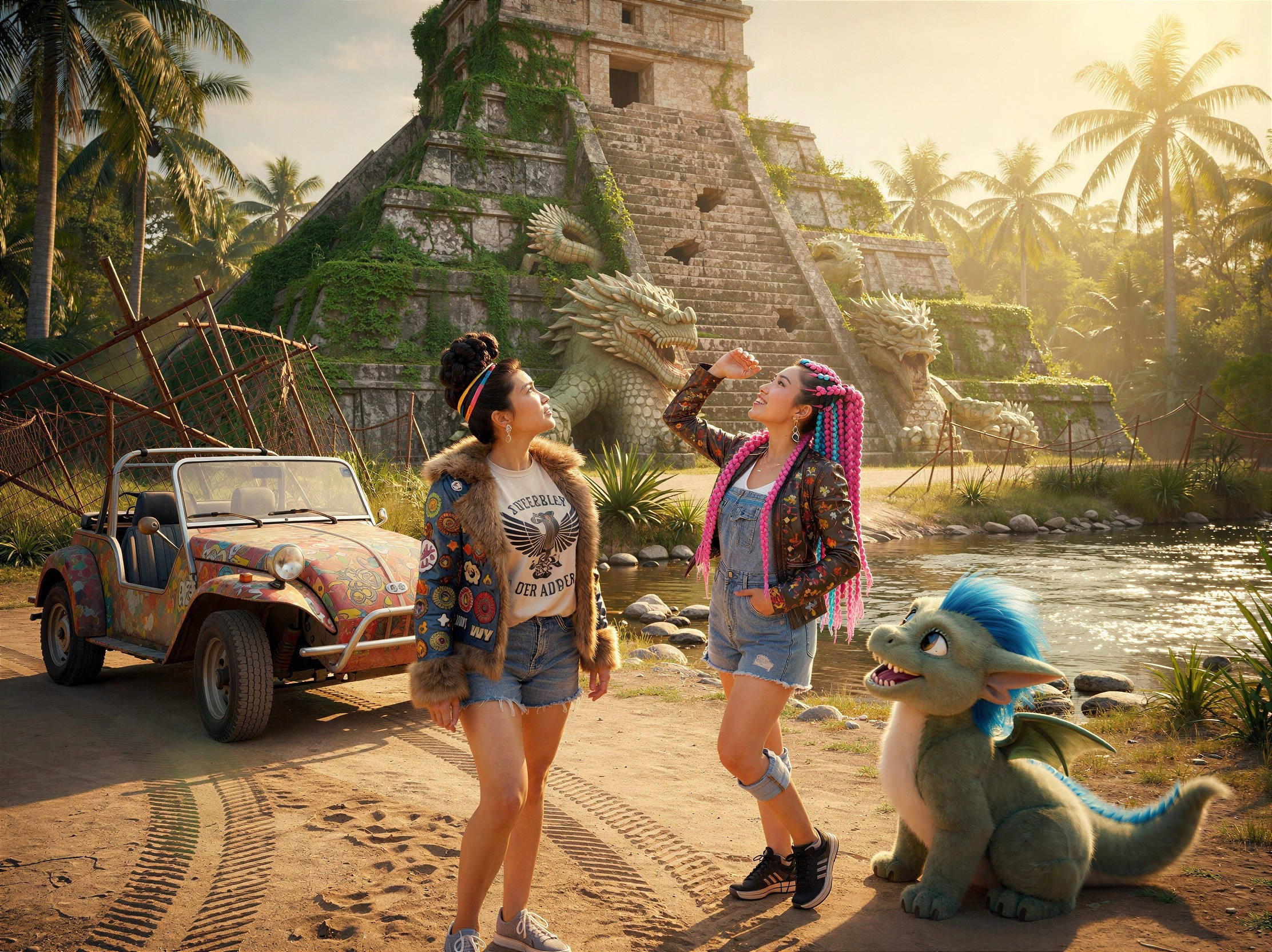 Young Women and Dragon by Ancient Pyramid in Jungle