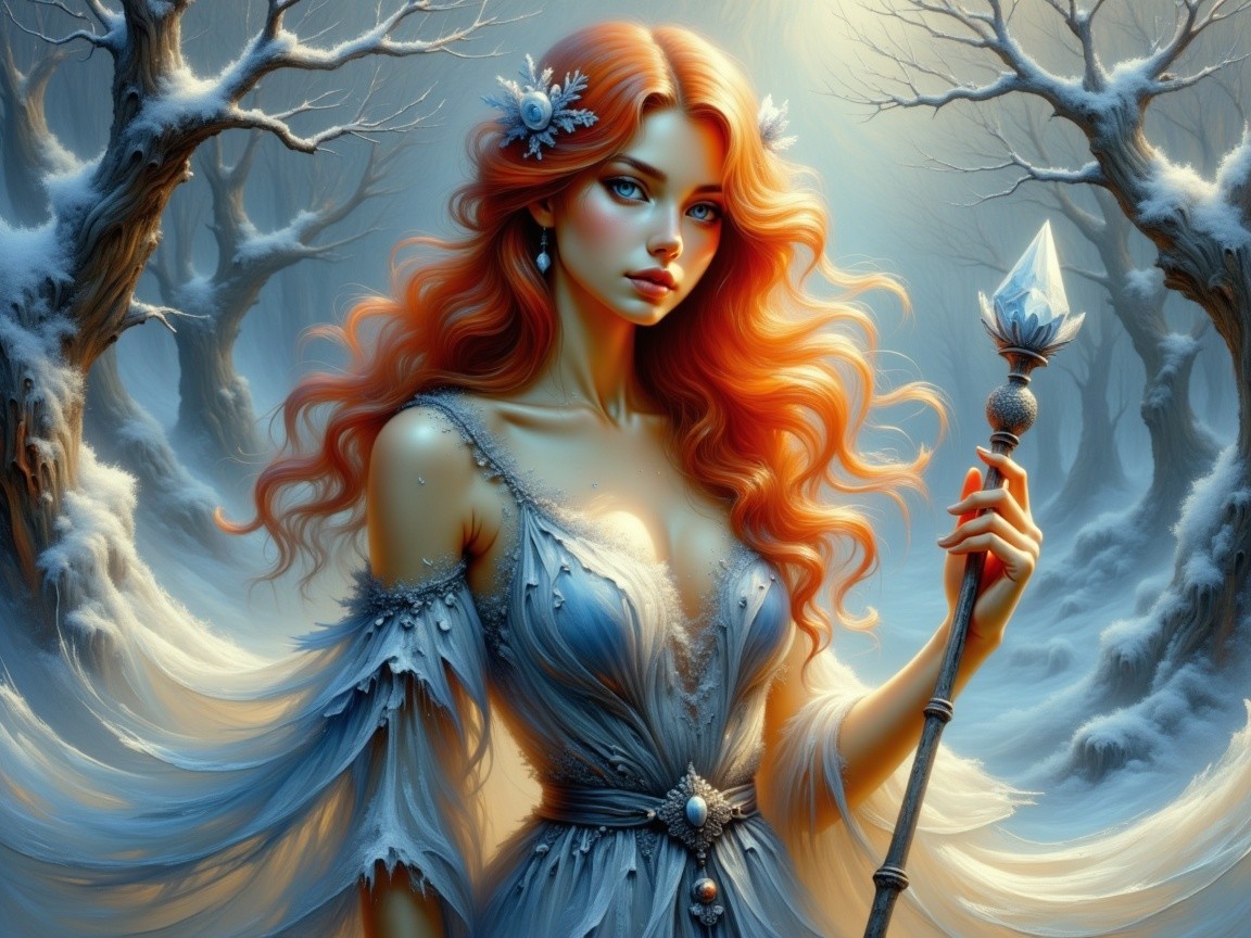 Mystical Woman in Snowy Forest with Crystal Scepter