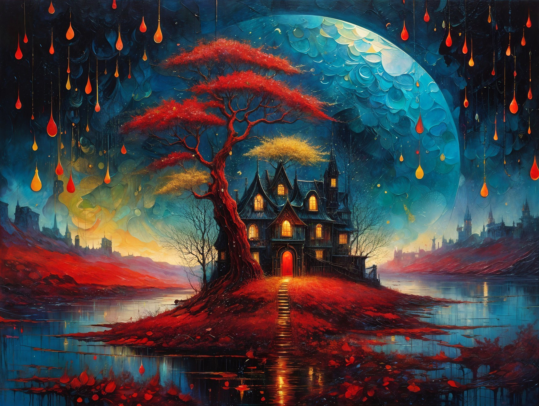 Whimsical Mansion in a Vibrant Night Landscape