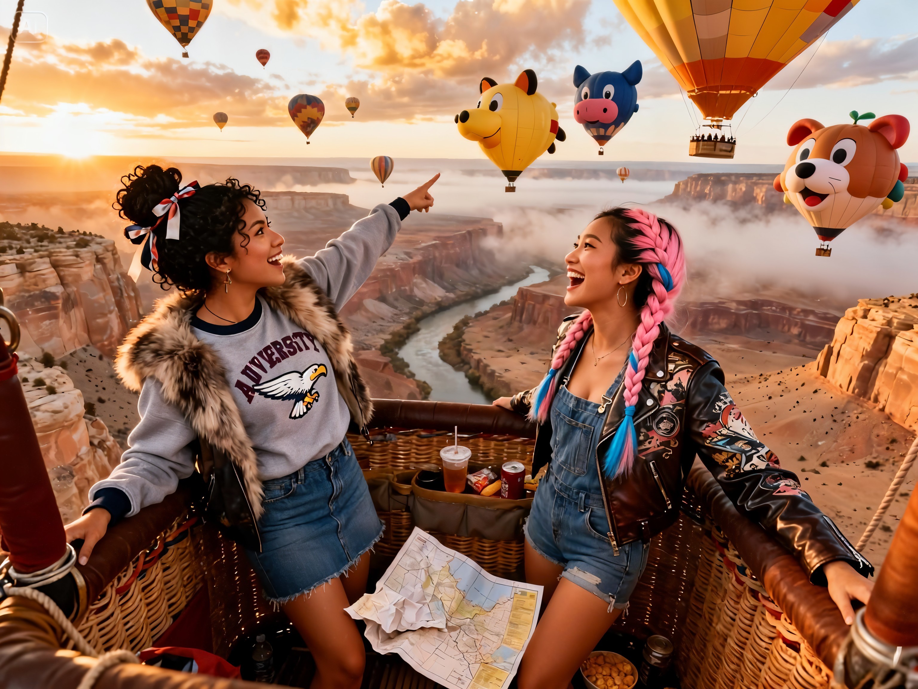 Women in Hot Air Balloon with Colorful Balloons Nearby