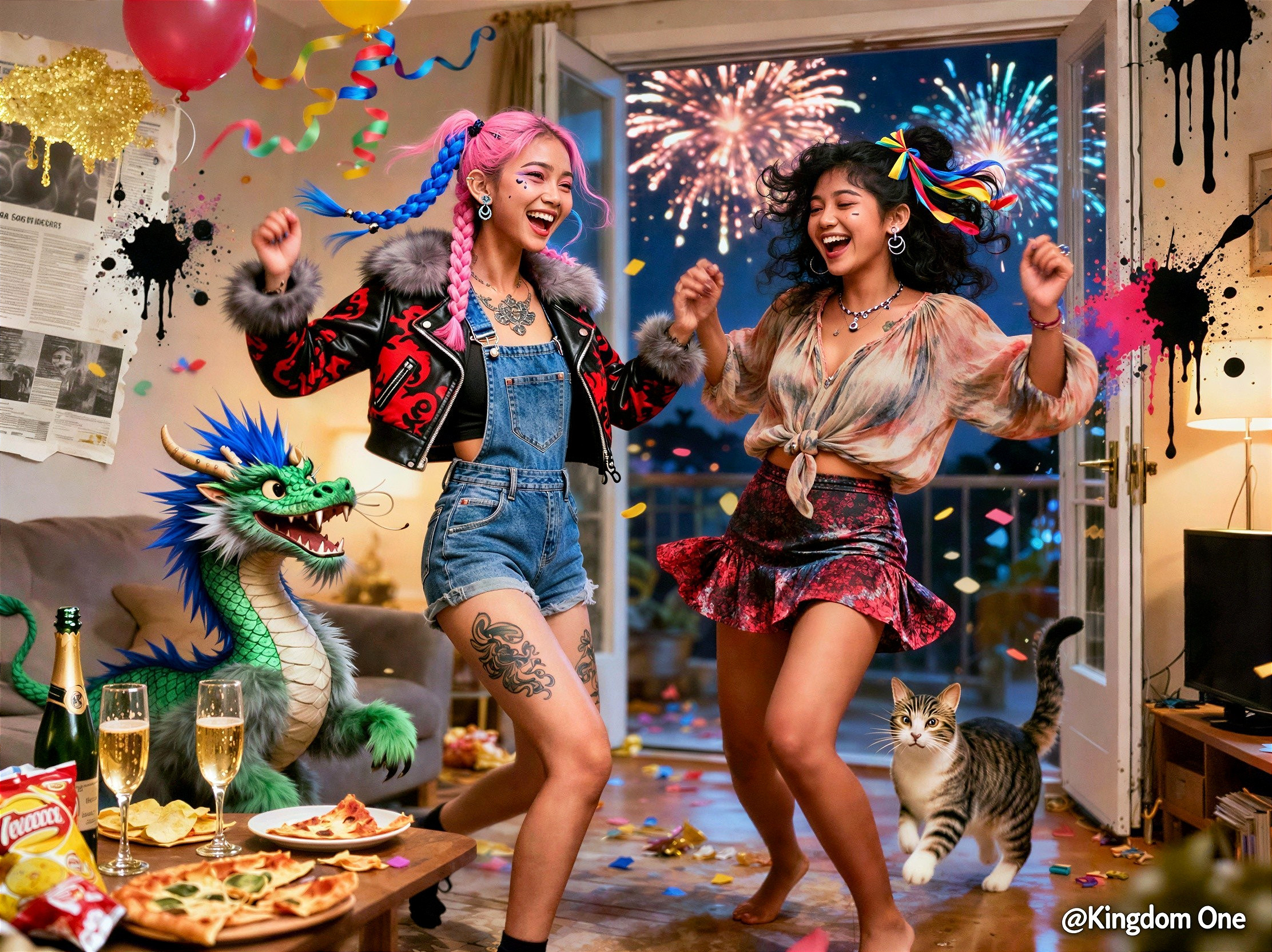 Young Women Dancing with Fireworks in Background