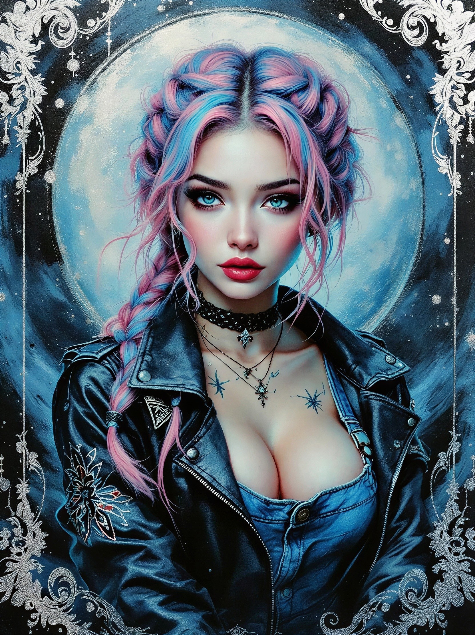 Digital painting of a woman with braided ponytail and tattoos