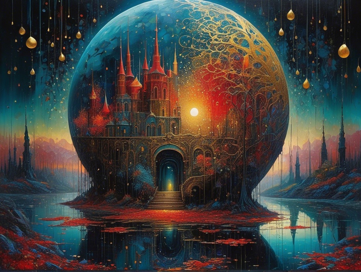 Grand castle in luminous orb with shimmering water