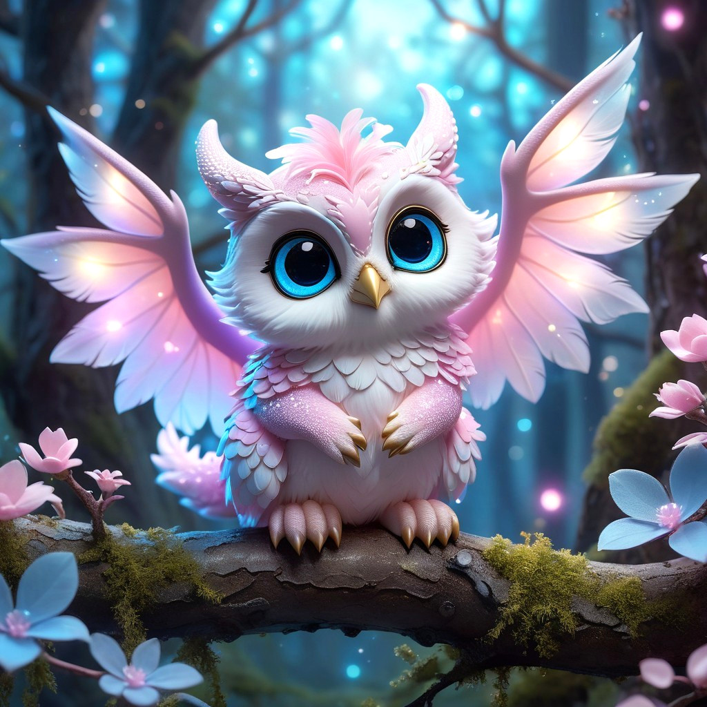 Fluffy Owl with Iridescent Wings in Magical Forest