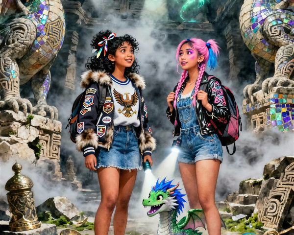Young Women and Dragon in Ancient Ruin Exploration
