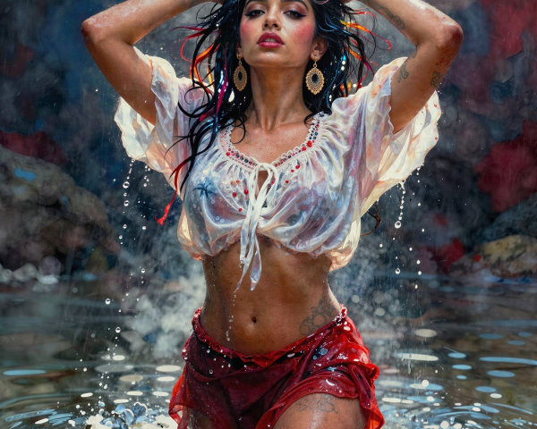 Hyperrealistic Painting of Woman in Jungle Waterfall