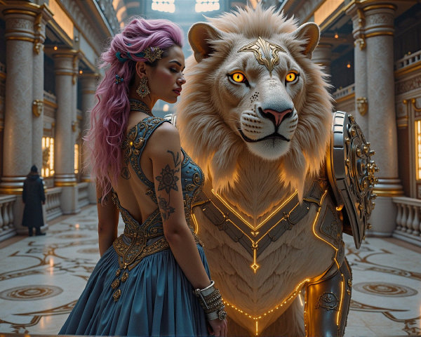 Opulent palace scene with pink-haired woman and lion