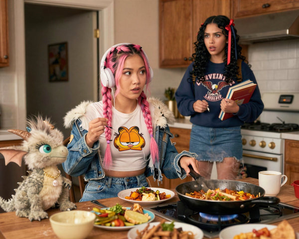 Sunlit Kitchen Scene with Two Females Cooking