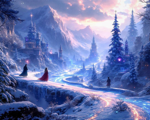 Winter Landscape with Snow-Covered Mountains and Castles