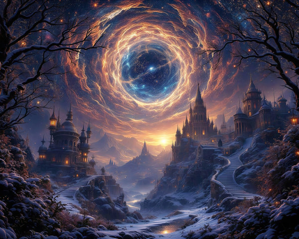 Winter Landscape with Castles and Cosmic Vortex