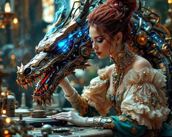 Steampunk Woman with Mechanical Dragon and Device