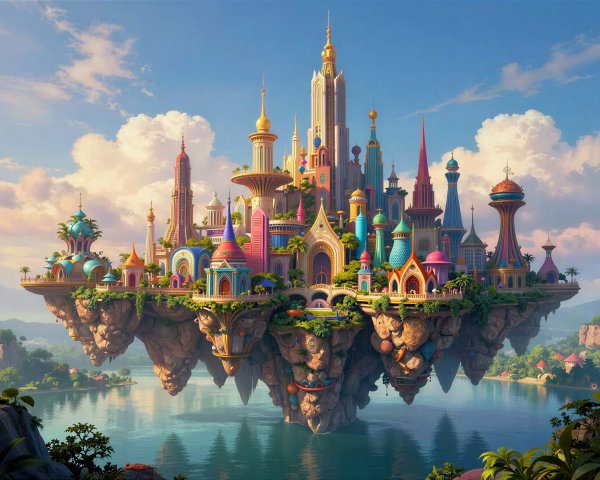 Vibrant Floating City with Fantastical Architecture