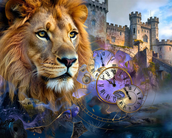 Lion's Head and Castle with Clock Faces in Mist