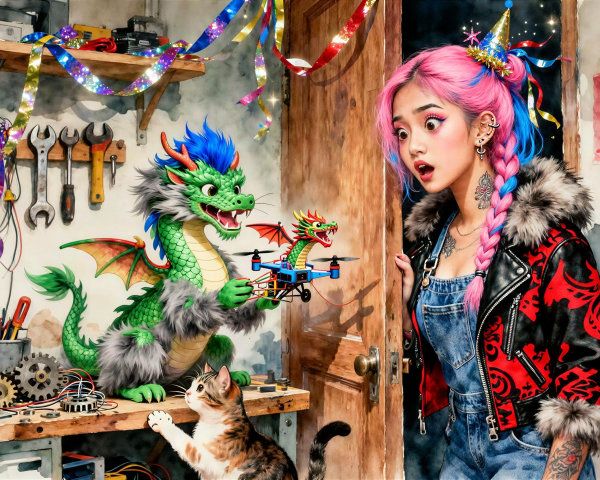 Indoor Scene of Green Dragon Crafting with Cat and Decor