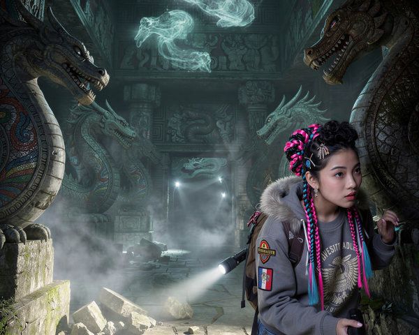 Asian woman exploring a foggy Aztec temple with flashlights