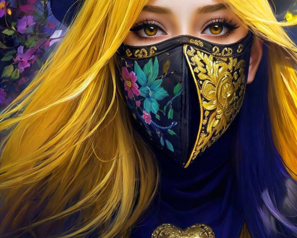Portrait of a person with yellow hair and black mask
