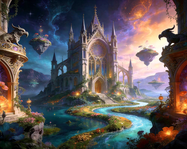 Enchanted castle with majestic architecture and landscape