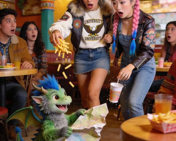 Group of shocked diners observing a baby dragon in restaurant