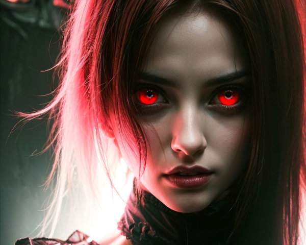 Portrait of a Young Woman with Dark Hair and Red Eyes