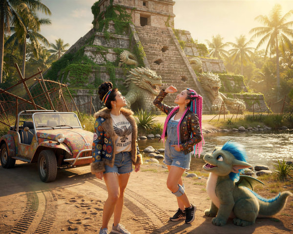 Young Women and Dragon by Ancient Pyramid in Jungle