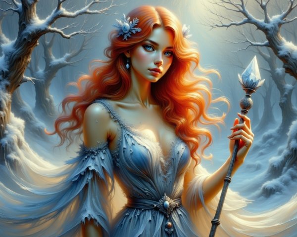 Mystical Woman in Snowy Forest with Crystal Scepter
