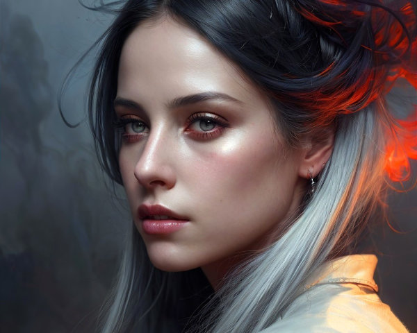 Portrait of a Young Woman with Black and Silver Hair