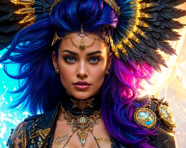 Portrait of a woman with vibrant purple and blue hair