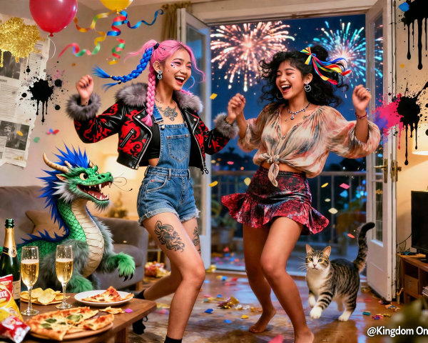 Young Women Dancing with Fireworks in Background