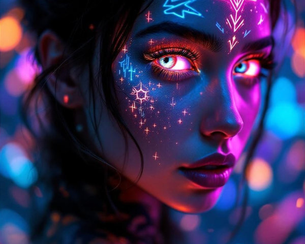 Close-up of a person with neon face paint and designs