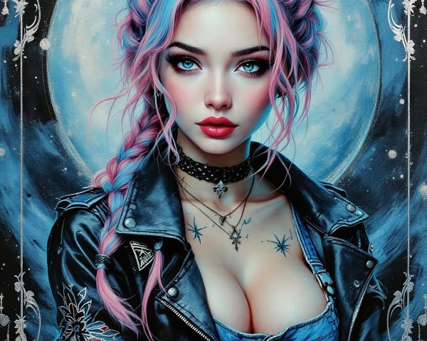 Digital painting of a woman with braided ponytail and tattoos