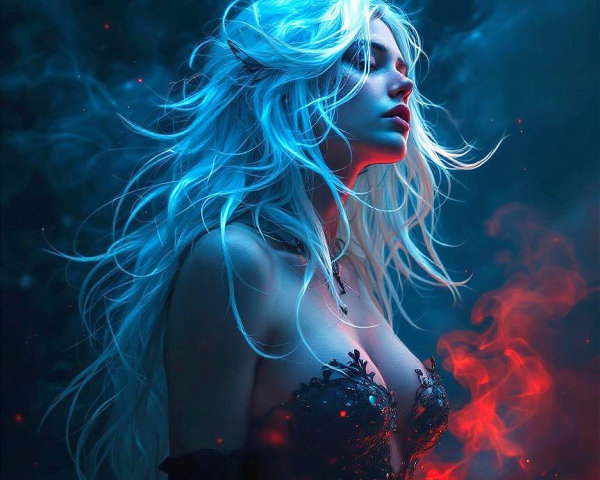 Ethereal figure in smoke with luminous white hair