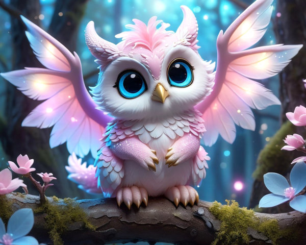 Fluffy Owl with Iridescent Wings in Magical Forest