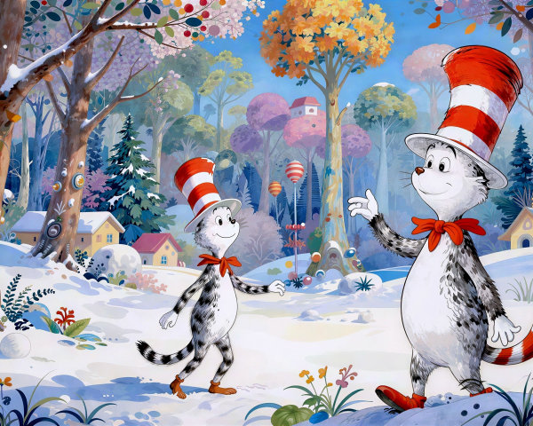 Whimsical Cat in the Hat Characters in Snowy Landscape