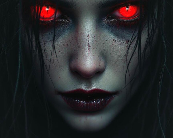 Haunting figure with dark hair and glowing red eyes