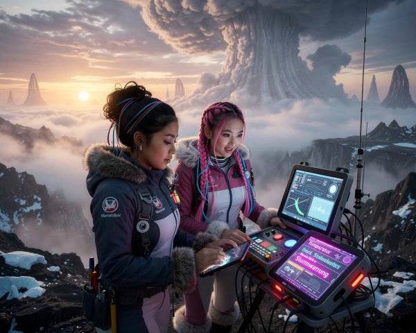 Women in Winter Jackets on Snow-Capped Mountain