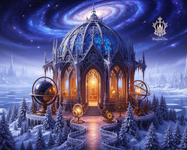 Frozen Landscape with Ornate Pavilion and Cosmic Sky