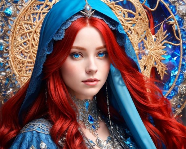 Young woman in blue hood with red hair and jewels