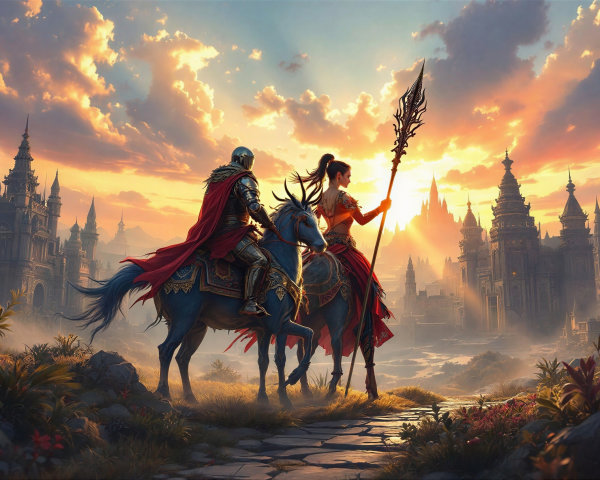Knight and Warrior Woman on Horseback at Sunset