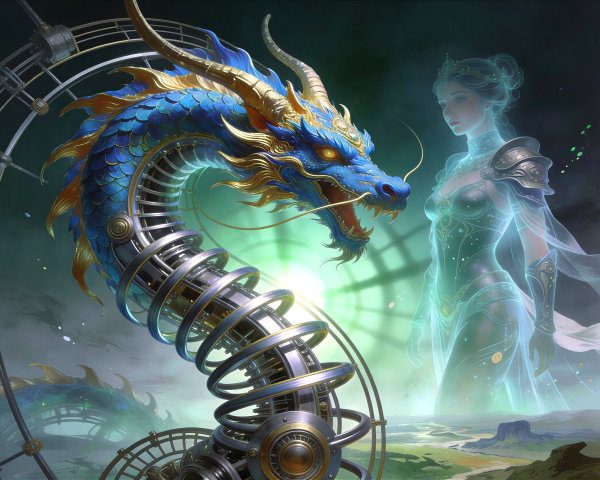 Cyborg Dragon and Ghostly Queen in Digital Painting