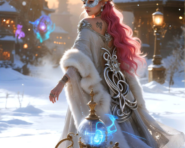 Majestic figure in snowy landscape with elegant gown