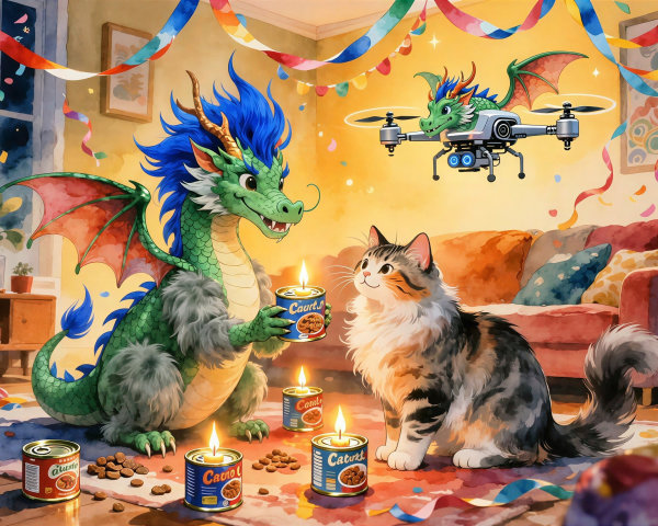 Cute dragon and cat in colorful living room scene