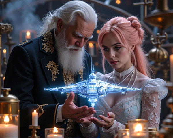 Ornate chamber with glowing device and two figures